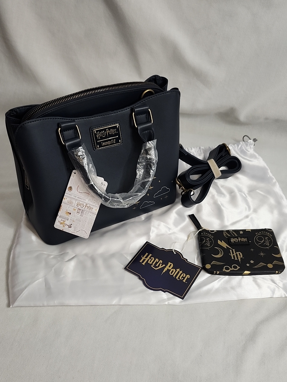 Loungefly  Harry Potter Navy Satchel with Gold Accents and Matching Pouch